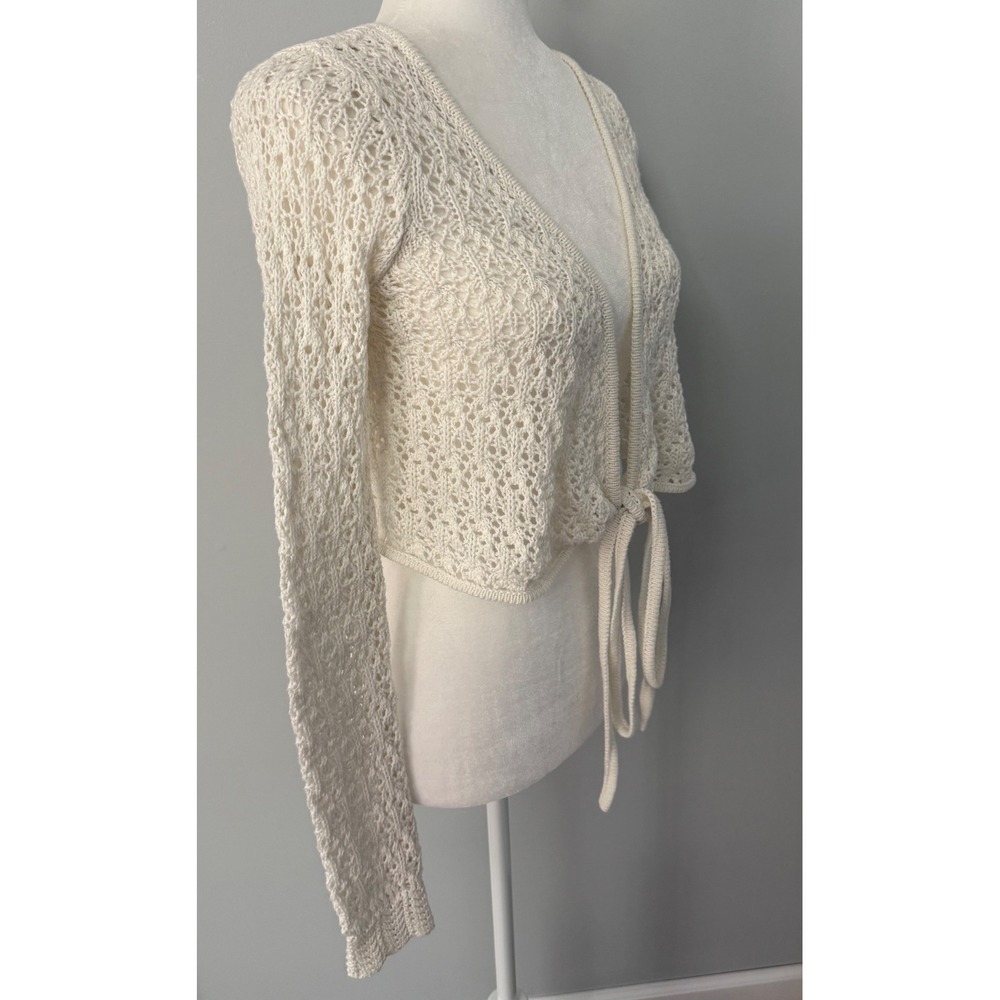 Aeropostale Women's Cream Open Knit Tie Front Cropped Cardigan Sweater Boho XS - Picture 5 of 10